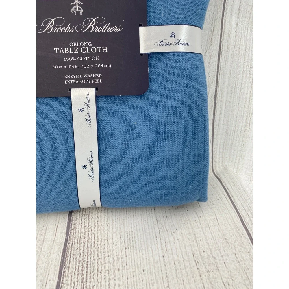 Brooks Brothers Tablecloth 60x104 Blue 100% Cotton Enzyme Washed Soft Oblong